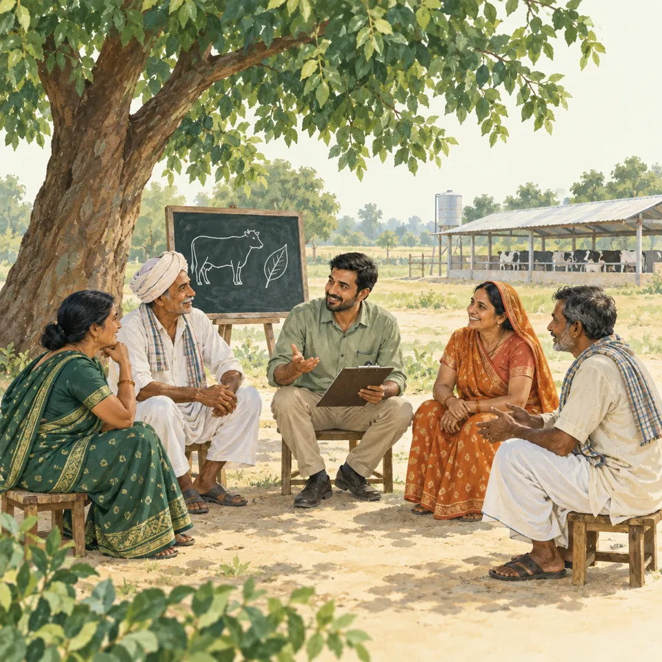 AI-generated illustration of farmers learning together under a tree