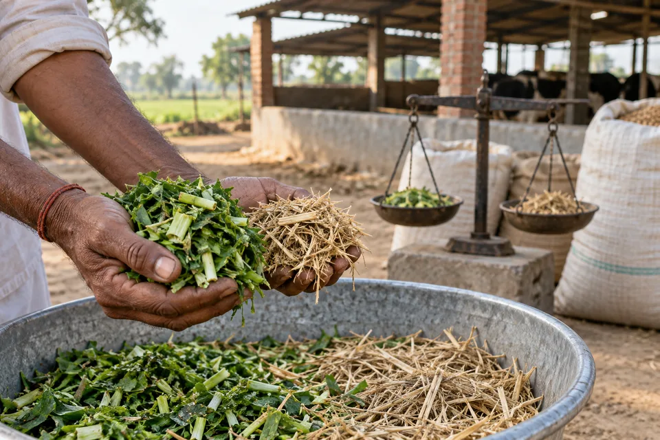 AI-generated scene of a farmer checking feed quantities