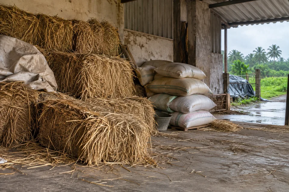 AI-generated scene of stored fodder in a farm shed
