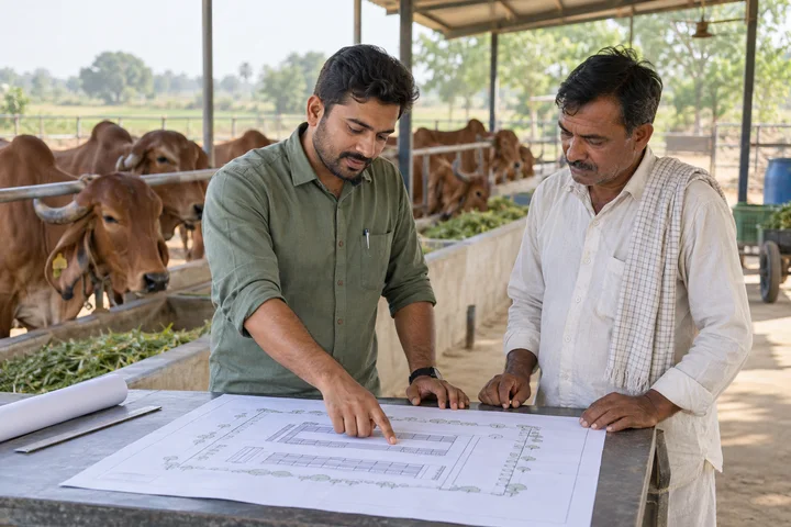 AI-generated scene of a farmer and advisor reviewing a dairy farm plan