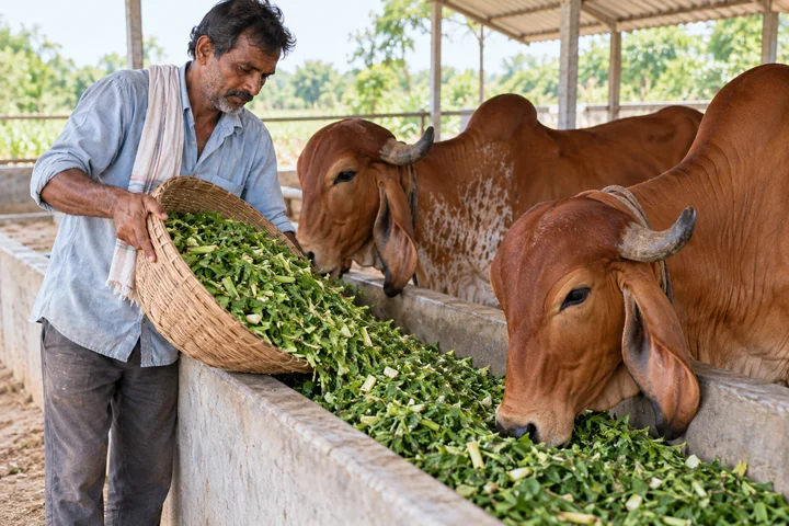 AI-generated scene of a farmer preparing fresh fodder for dairy cows