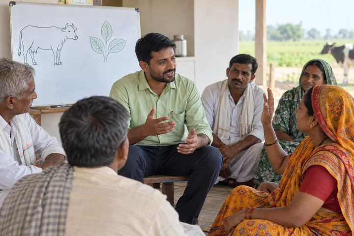 AI-generated scene of farmers learning together at a dairy awareness seminar